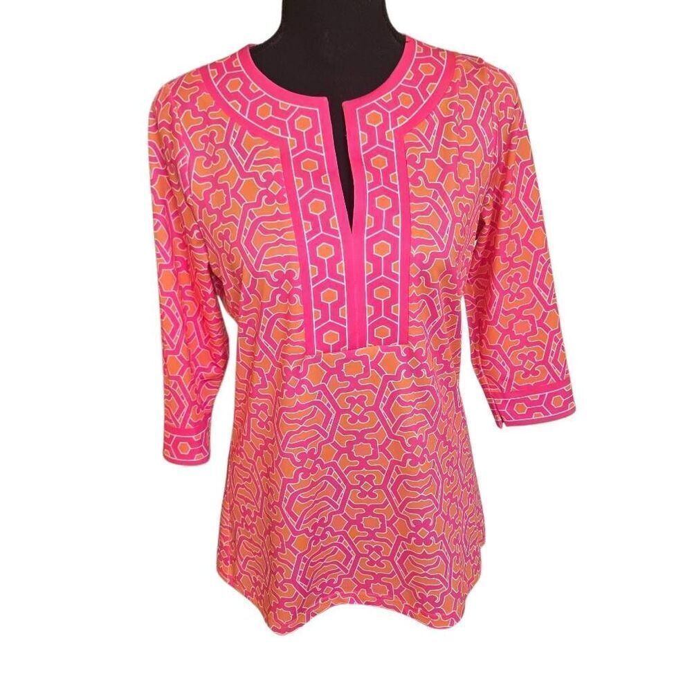 Gretchen Scott Womens Geometric Split Neck 3/4 Sleeve Tunic Top Multicolor Sz XS